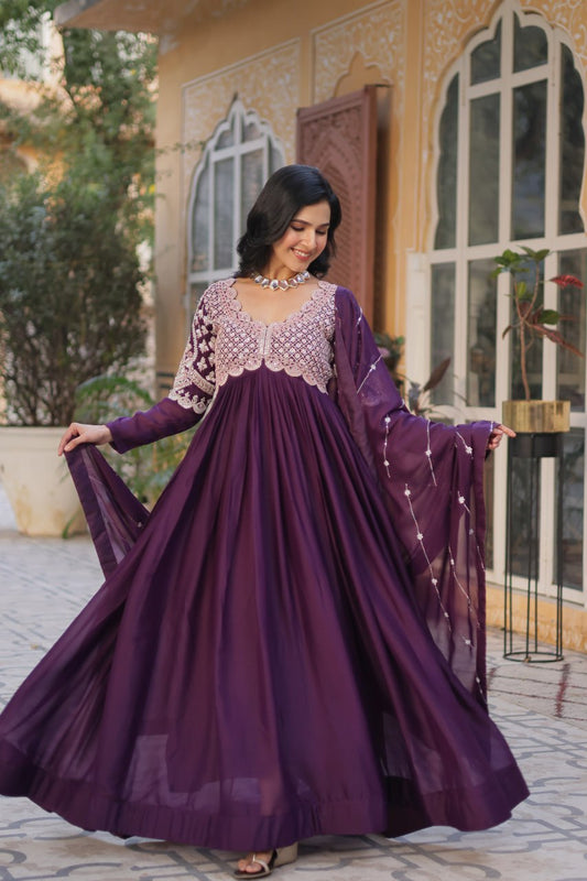 Adorable Wine Sequins Georgette Festival Wear Anarkali Gown