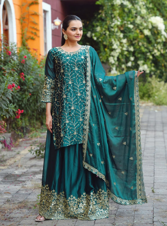 Emerald Green Rangoli Lehenga Suit with Embroidery Sequence Work | Elegant Festive Wear