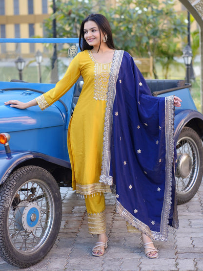 Mustard Yellow Chinon Suit with Heavy Embroidery & Navy Blue Dupatta | Elegant Festive Wear