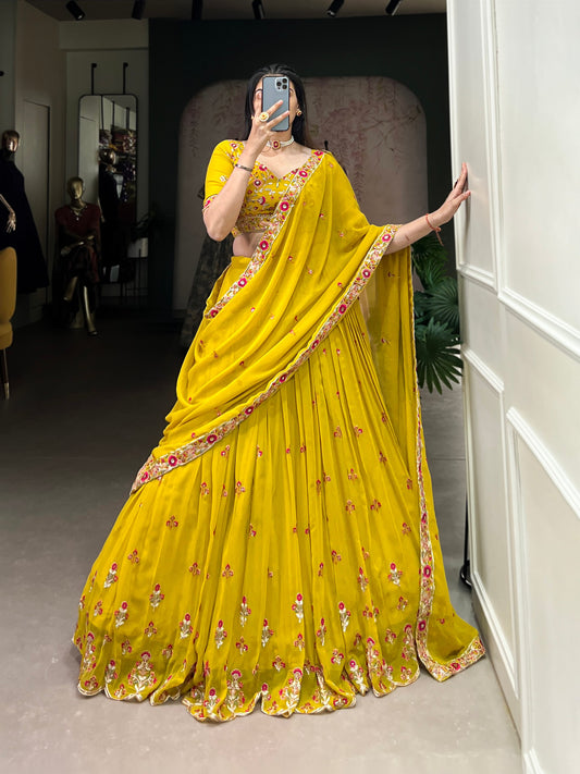 Mustard Yellow Embroidered Georgette Lehenga Set | Elegant Bridal & Festive Wear