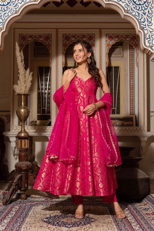 Radiant Pink Jacquard Silk Anarkali Set | Festive & Wedding Wear