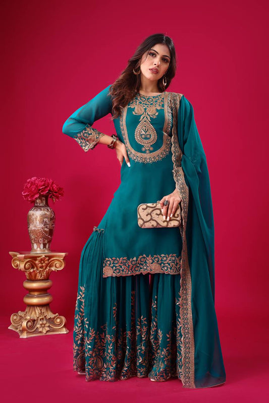 Blooming Faux Georgette Embroidered Bottle Green Co-Ord Set with Plazzo and Dupatta – Ready-to-Wear Ethnic Outfit for Women