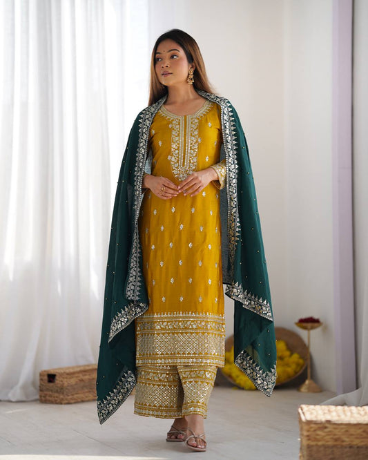 Chinnon Silk Heavy Embroidered Yellow Suit Set with Dupatta – Fully Stitched Ready to Wear