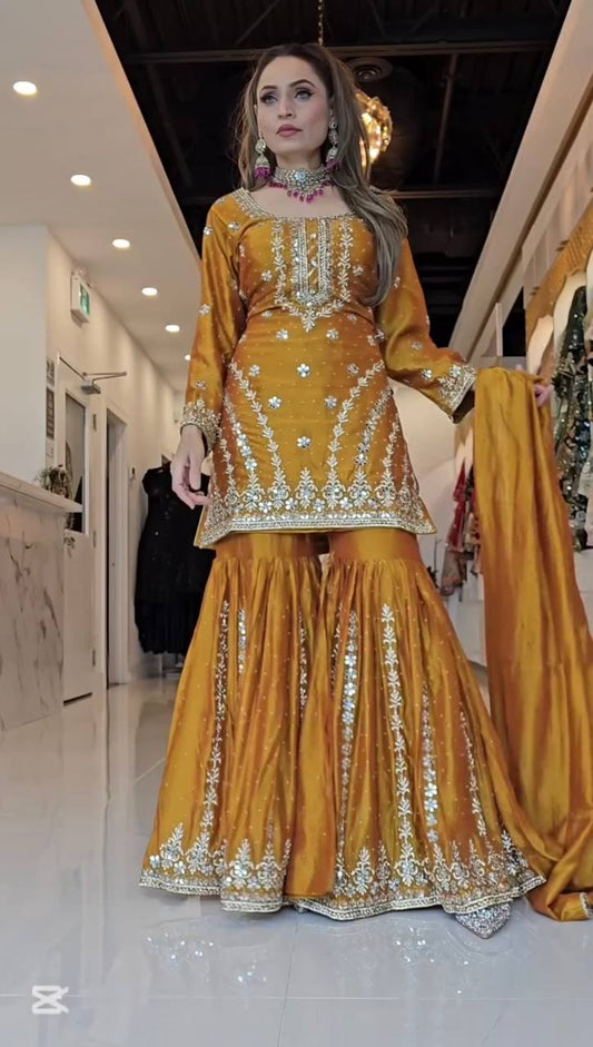 Heavy Faux Georgette Embroidered Gharara Set with Dupatta – Fully Stitched Ready to Wear
