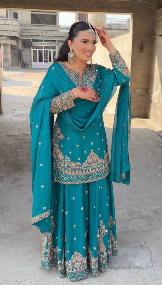 Heavy Chinnon Silk Embroidered Firozi Sharara Set with Dupatta – Fully Stitched Ethnic Wear for Women