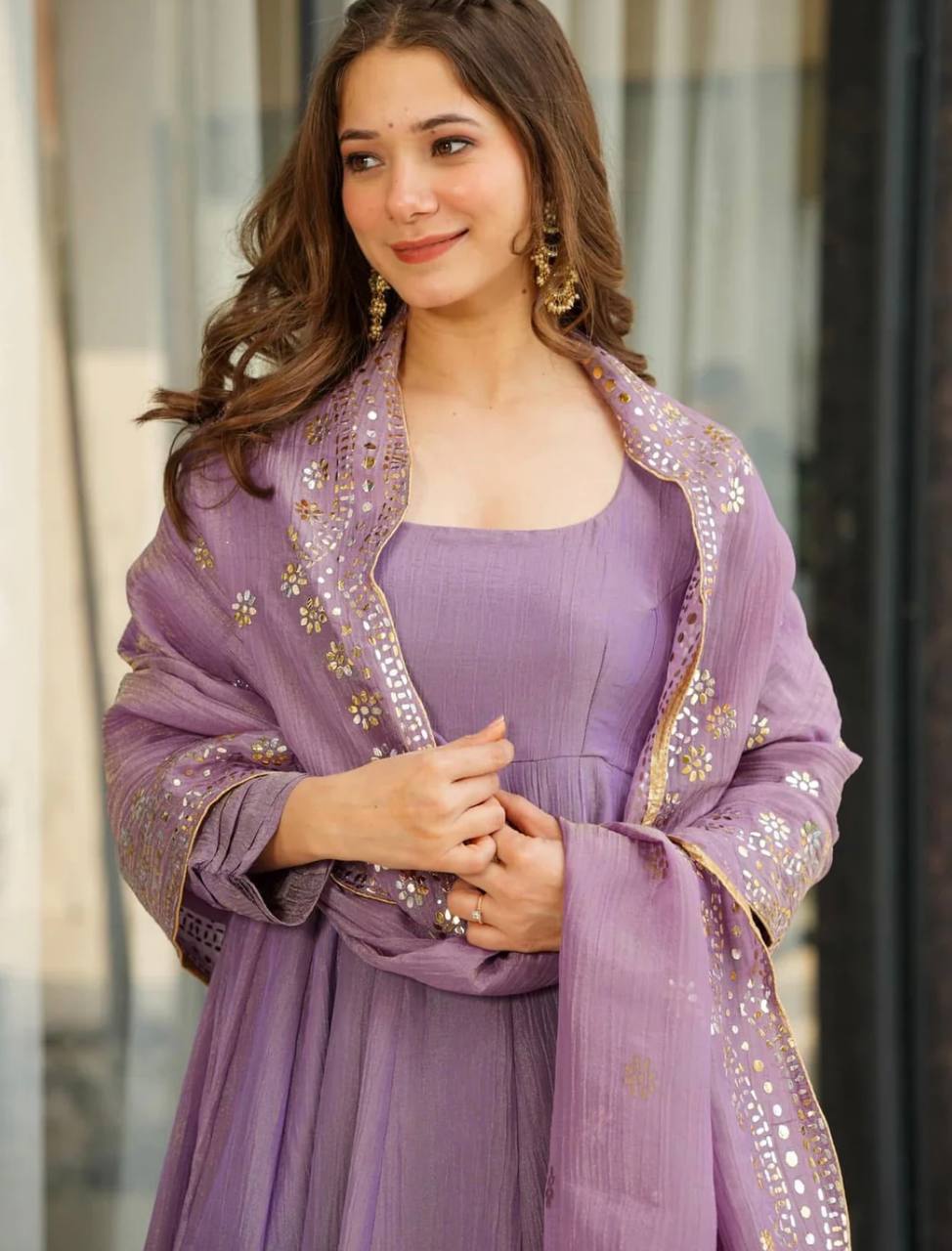 Heavy Fandy Silk Embroidered Lavender Gown Set with Dupatta – Fully Stitched Ethnic Partywear for Women