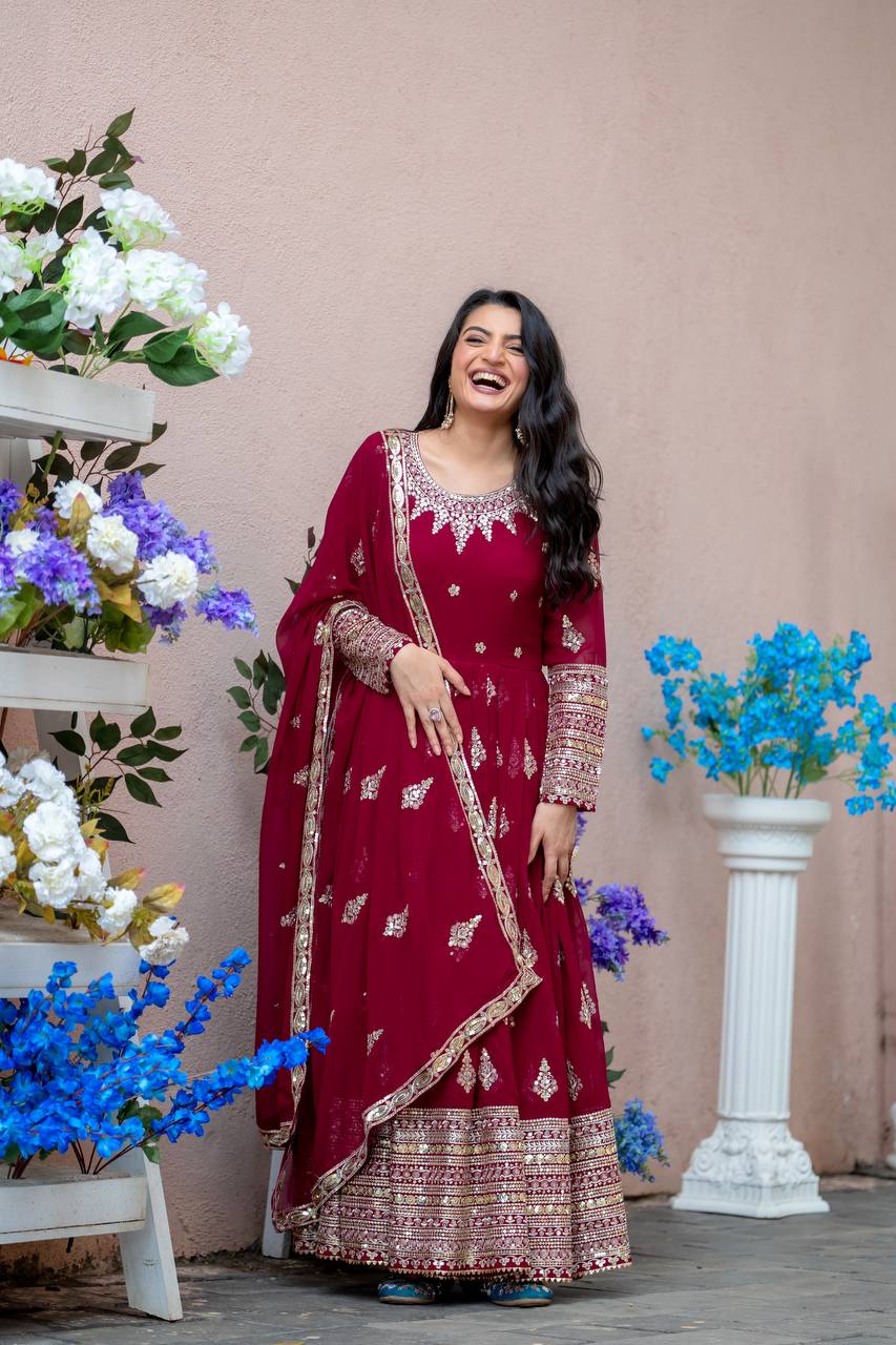 Faux Georgette Embroidered Lavender Gown Set with Dupatta – Fully Stitched Designer Ethnic Wear for Women