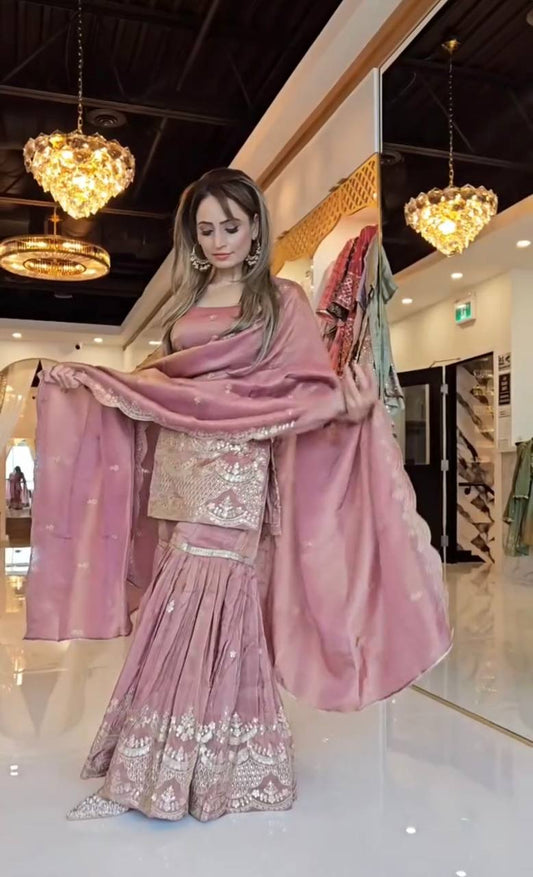 Designer Heavy Chinon Silk Sharara Suit with Embroidery Sequence Work and Dupatta – Fully Stitched Partywear Set