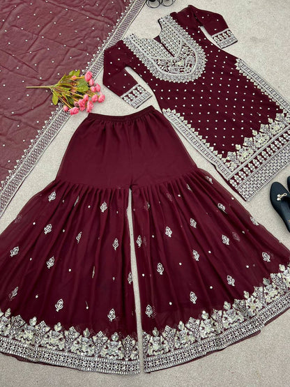 Heavy Faux Georgette Embroidered Maroon Gharara Set with Dupatta – Fully Stitched Ethnic Partywear for Women