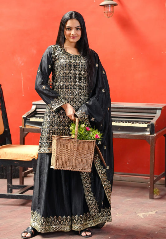 Chinon Embroidered Sharara Suit Set with Dupatta – Sequence Work Ethnic Wear for Women