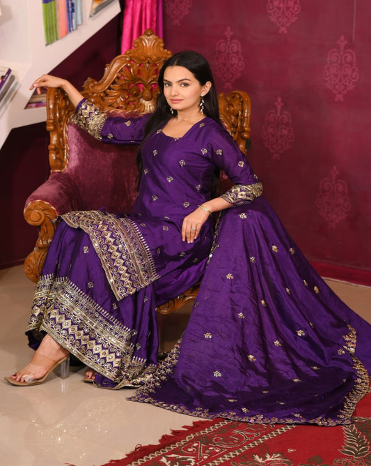 Chinon Embroidered Purple Sharara Suit Set with Dupatta – Fully Stitched Ethnic Wear for Women