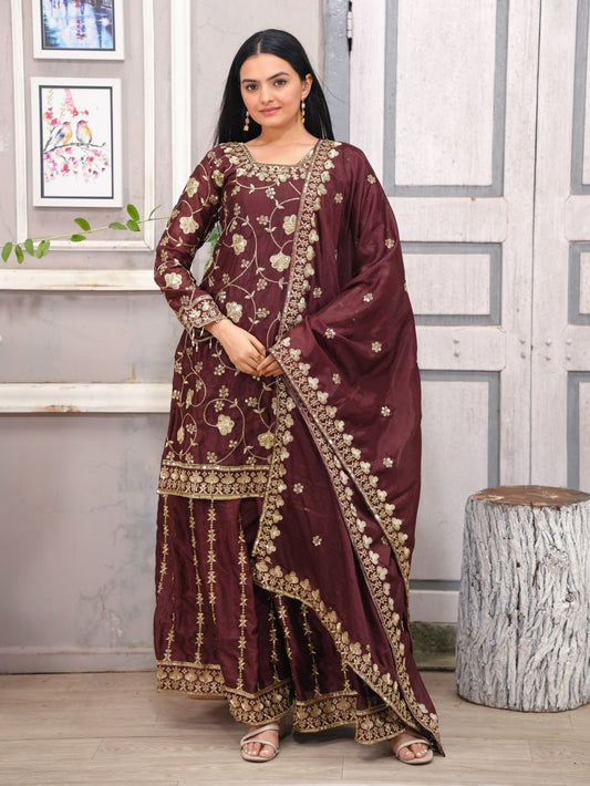 Chinon Embroidered Brown Sharara Set with Real Kodi Lace Border