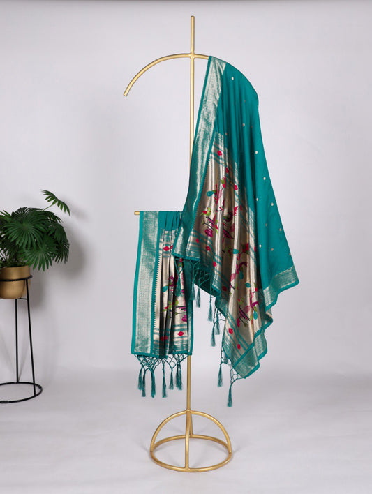 Elegant Jacquard Paithani Bottle Green Dupatta with Weaving Zari Work and Tassels