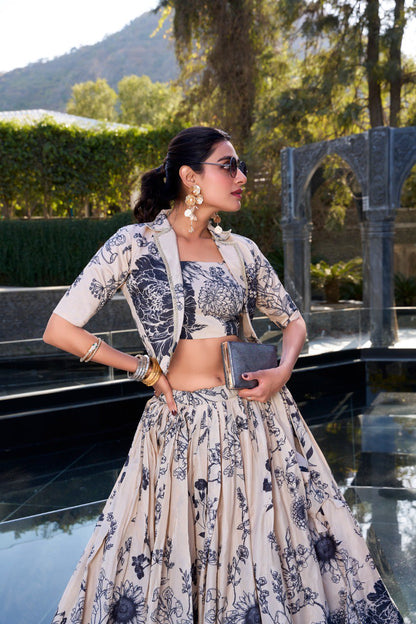 Elegant Tussar Silk Floral Printed Cream Lehenga Set with Blouse and Koti