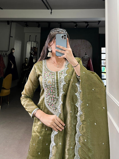 Elegant Gold Crush Fabric Embroidered Stitched Green Top Bottom Set with Dupatta