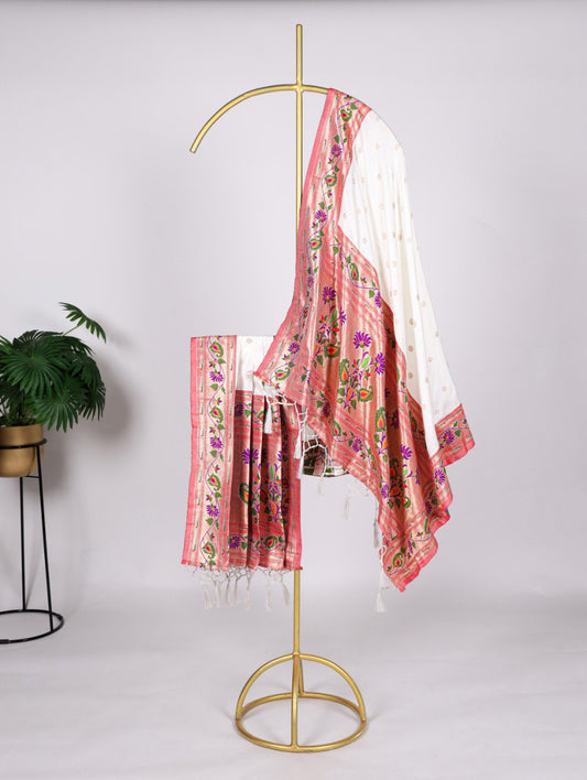 Elegant Jacquard Paithani Zari Weaving White Dupatta