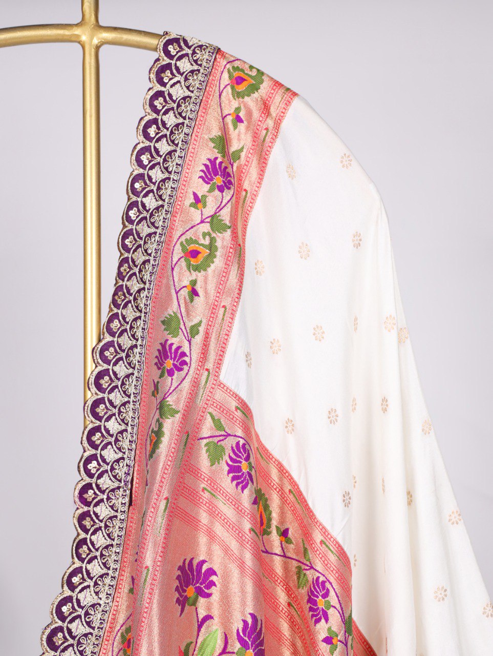 Premium Jacquard Silk Zari Weaving White Dupatta with Embroidery Lace Border