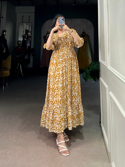 Elegant Georgette Printed Mustard Yellow Frock with Full Flair and Lining