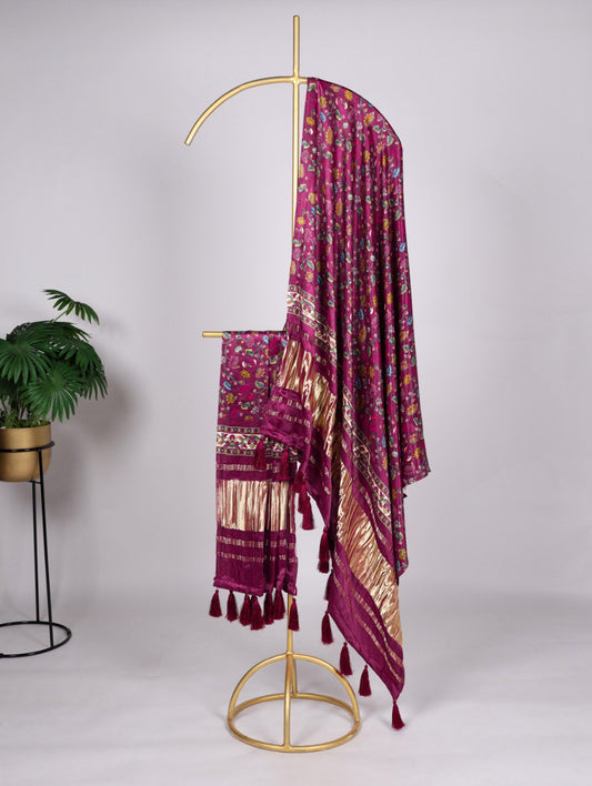 Pure Gaji Silk Digital Print Dark Rani Pink Dupatta with Tassels