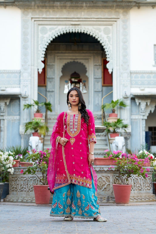 Sequins Thread Embroidered Silk Royal Style Sharara Set Of 3