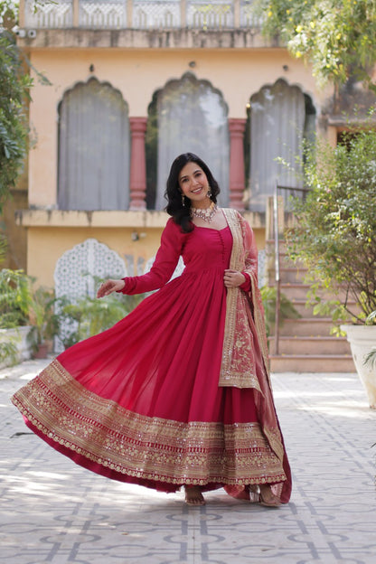Elegant Shimmer Vichitra Silk Pink Gown with Sequins Embroidery and Fendi Dupatta Set