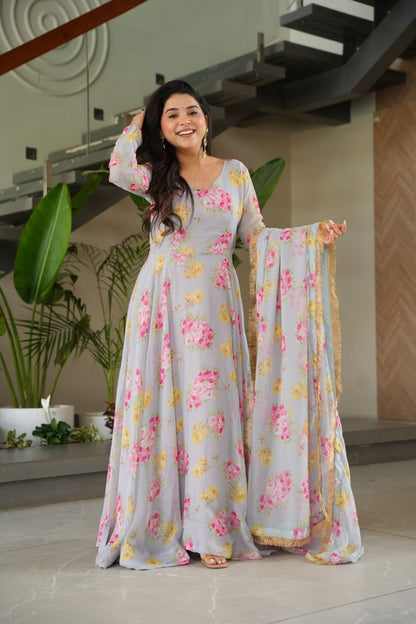 Elegant Faux Georgette Floral Digital Print Gown with Dupatta Set