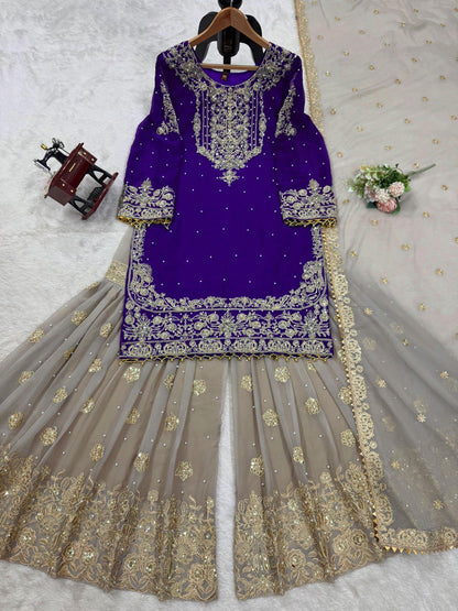 Designer Faux Georgette Purple Suit Set with Sharara & Dupatta - Coding & Sequins Work, Pearl Embellishments, and Fancy Lace