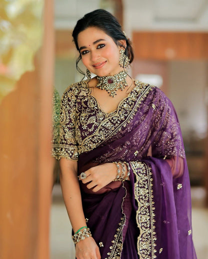 Luxury Heavy Organza Silk Saree with Thread and Sequins Embroidery and Matching Blouse – Elegant Party Wear Saree