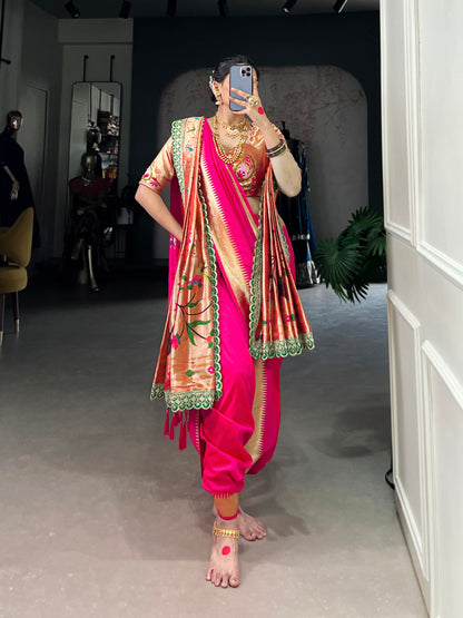 Premium Jacquard Silk Paithani Zari Weaving Pink Saree Set with Dupatta | Traditional Ethnic Wear