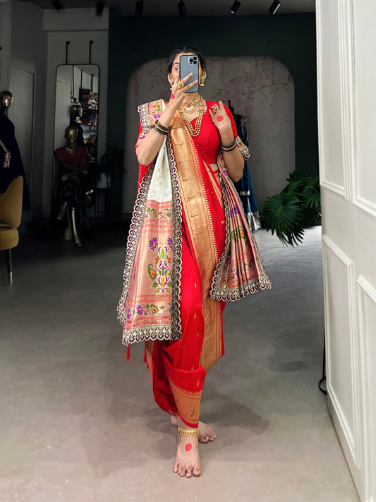 Premium Jacquard Silk Paithani Zari Weaving Red Saree Set with Dupatta | Traditional Ethnic Wear