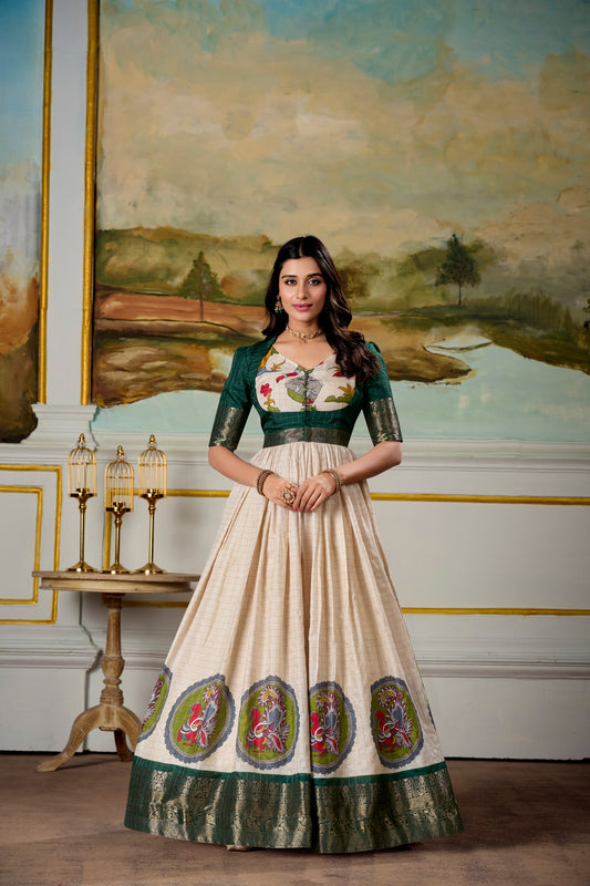 Elegant Dola Silk Kalamkari Print Green Gown with Zari Weaving Koti | Ethnic Wear for Women