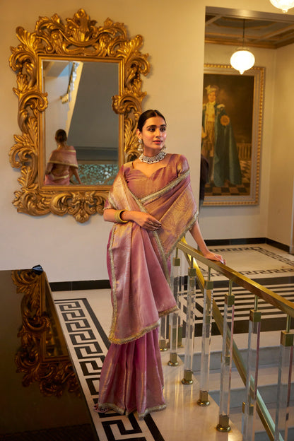 Tissue Shimmer Light Pink Saree with Zari Weaving and Sequins Lace Border