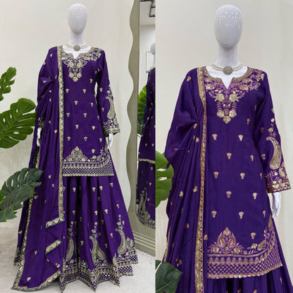 Purple Chinon Silk Thread Work Suit with Sequins and Lace Border Dupatta