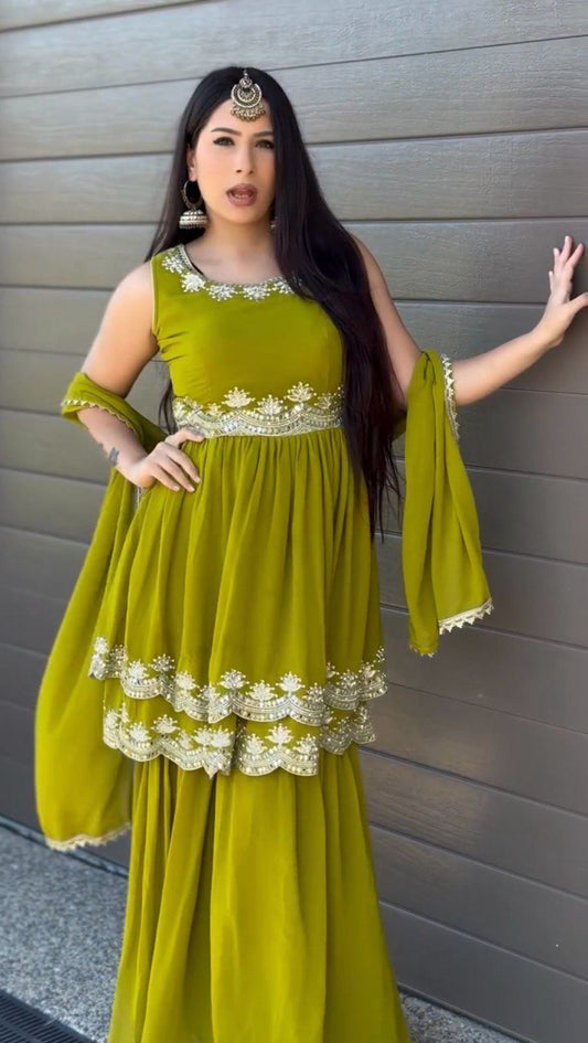 Foux Gorgette Suit with Lace Border Detailing and Plazo Set