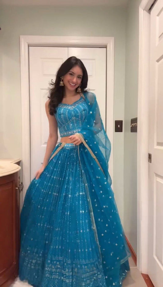 Foux Gorgette Semi-Stitched Lehenga Set with 3 Meter Flair and Sequin Work