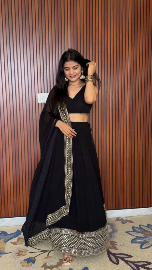 Faux Georgette Semi-Stitched Lehenga Set with 9mm Sequin & Thread Work