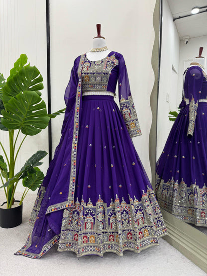 Foux Georgette Semi-Stitched Lehenga Set with Coding Dori, Thread & Sequin Work