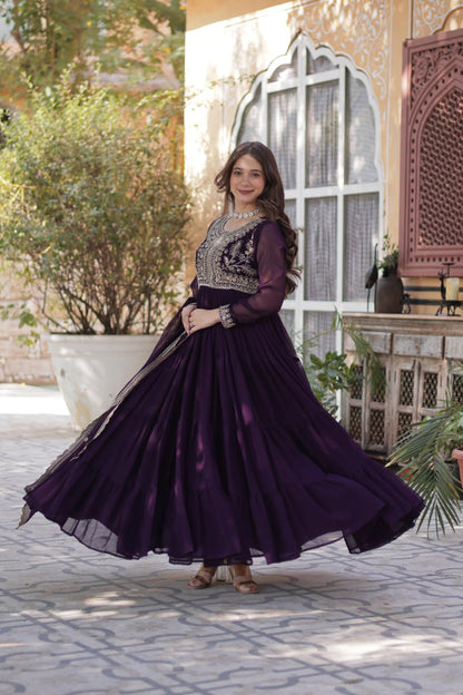 Purple Faux Blooming Georgette Gown with Pearl Embroidery & Dupatta