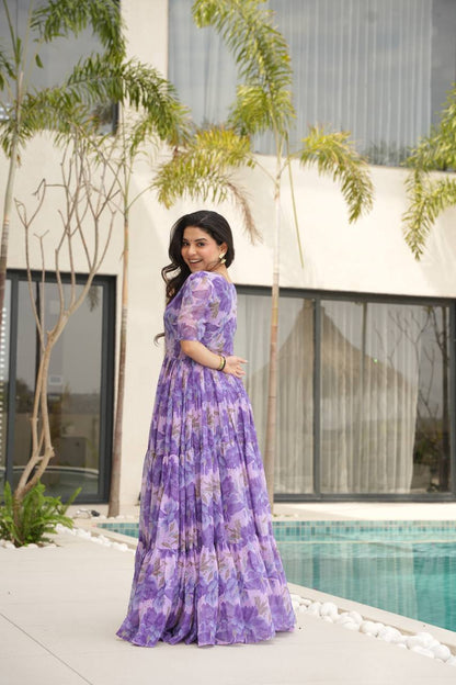 Printed Faux Georgette Purple Gown with Fancy V Neck – 12 Meter Flair Elegance