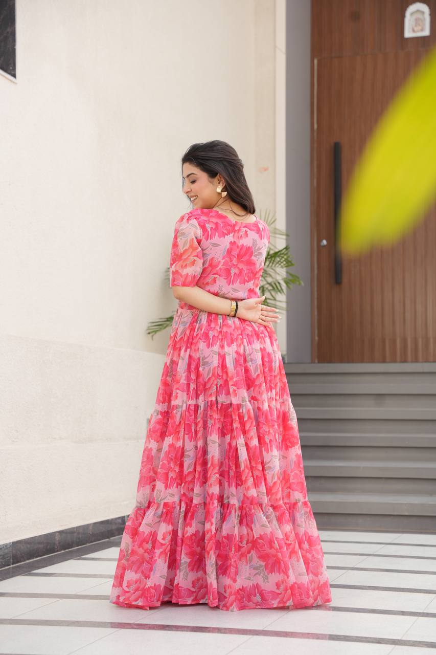 Printed Faux Georgette Pink Gown with Fancy V Neck – 12 Meter Flair Elegance