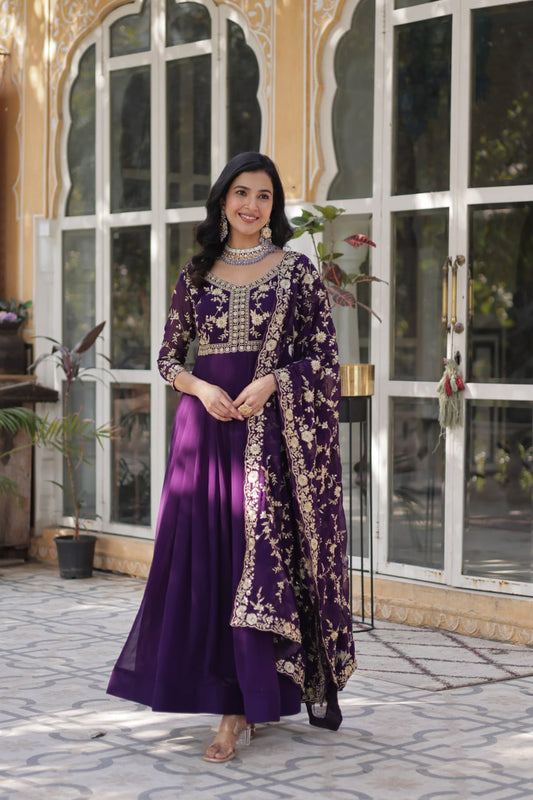 Purple Faux Blooming Multi-Sequins & Zari Embroidered Gown with Dupatta