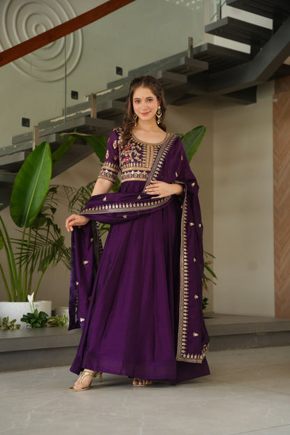 Vichitra Silk Sequins & Zari Embroidered Purple Gown with Dupatta