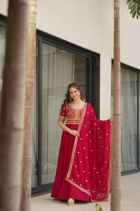 Vichitra Silk Sequins & Zari Embroidered Pink Gown with Dupatta