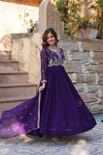 Purple Faux Blooming Sequins & Beads Embroidered Gown with Dupatta