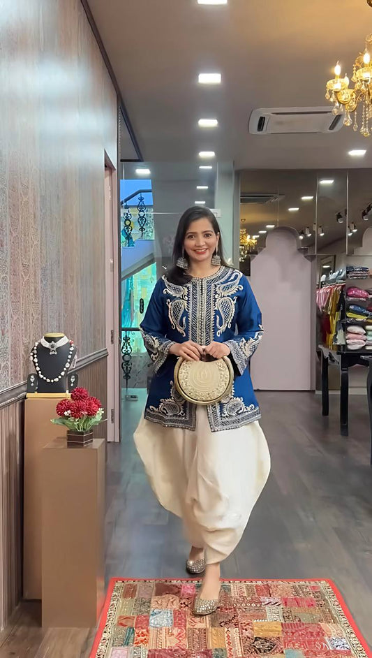 Heavy Blue Chinon Silk Embroidered Dhoti Style Suit with Rivet Moti Dupatta – Fully Stitched