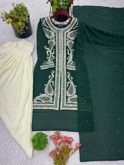 Heavy Green Chinon Silk Embroidered Dhoti Style Suit with Rivet Moti Dupatta – Fully Stitched