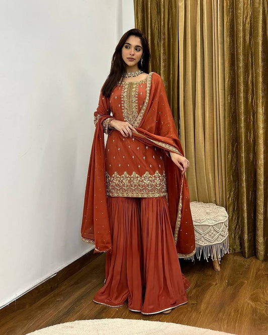 Pure Simmer Silk Sharara Suit with Embroidery & Moti Work – Fully Stitched