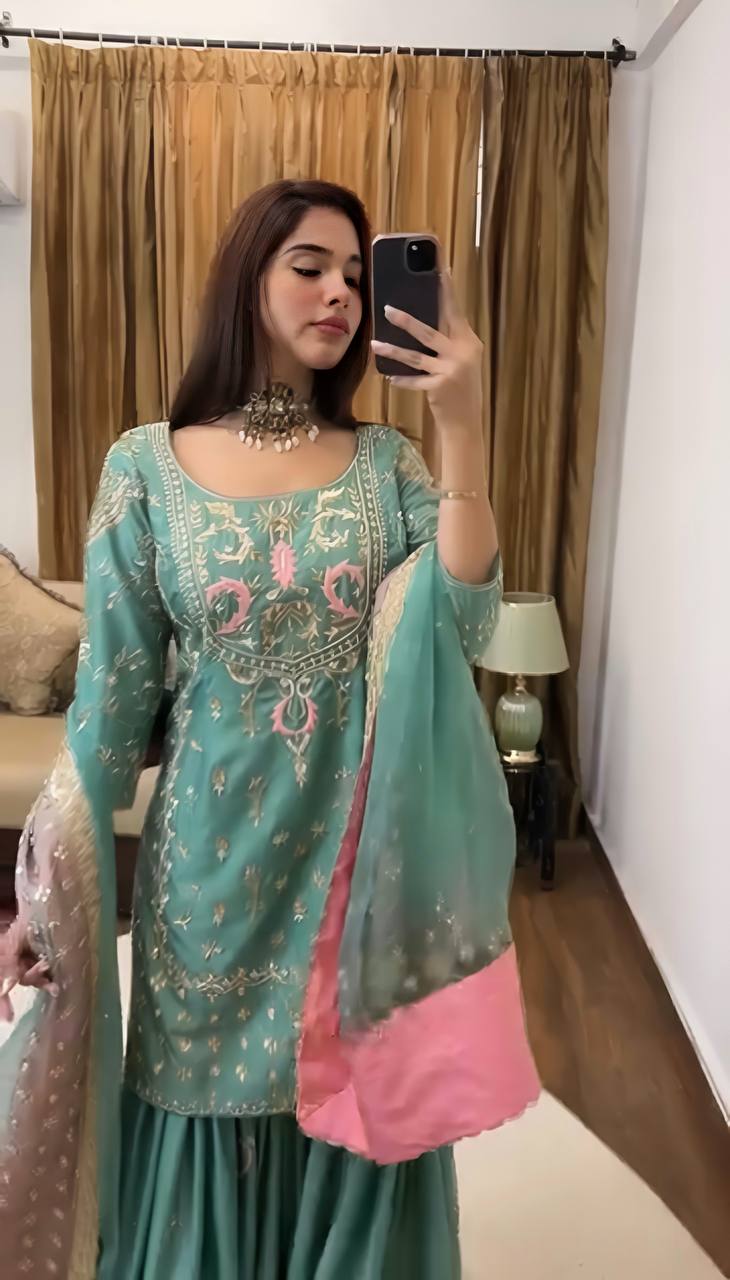 Heavy Chinnon Silk Sharara Suit with Embroidery Sequence Work and Net Dupatta
