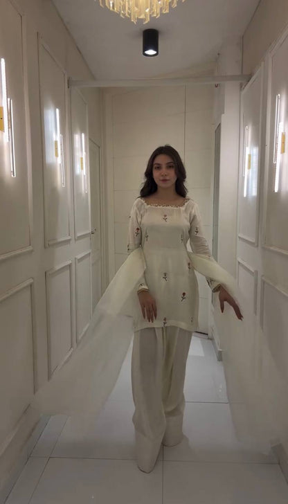 White Chinnon Silk Embroidered Top with Farshi Pant and Organza Silk Dupatta