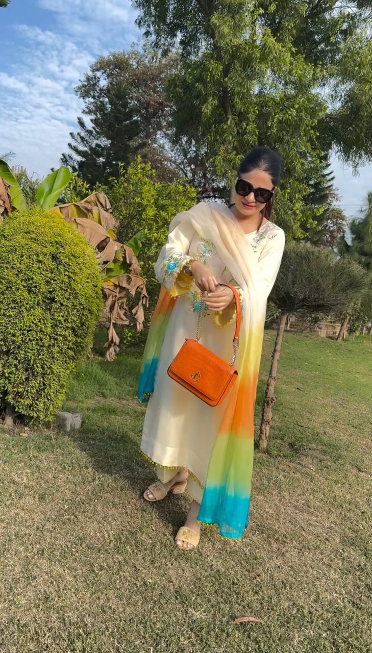 Moss Satin Embroidered Top with Pant and Organza Silk Dupatta
